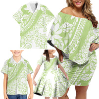 Polynesian Tiare Flower Sage Green Pastel Family Matching Off Shoulder Short Dress and Hawaiian Shirt