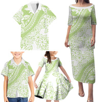 Polynesian Tiare Flower Sage Green Pastel Family Matching Puletasi and Hawaiian Shirt