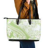 Polynesian Tiare Flower Sage Green Pastel Leather Tote Bag