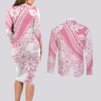 Polynesian Tiare Flower Pink Pastel Vibes Couples Matching Long Sleeve Bodycon Dress and Long Sleeve Button Shirt