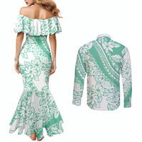 Polynesian Tiare Flower Cyan Pastel Vibes Couples Matching Mermaid Dress and Long Sleeve Button Shirt