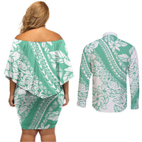 Polynesian Tiare Flower Cyan Pastel Vibes Couples Matching Off Shoulder Short Dress and Long Sleeve Button Shirt