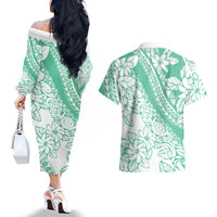 Polynesian Tiare Flower Cyan Pastel Vibes Couples Matching Off The Shoulder Long Sleeve Dress and Hawaiian Shirt