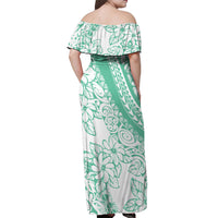 Polynesian Tiare Flower Cyan Pastel Vibes Off Shoulder Maxi Dress
