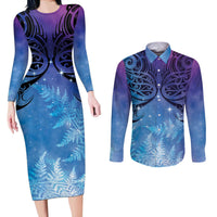 New Zealand Matariki Couples Matching Long Sleeve Bodycon Dress and Long Sleeve Button Shirt Aotearoa Maori New Year Galaxy Maori Silver Fern LT14 Blue - Polynesian Pride