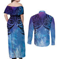 New Zealand Matariki Couples Matching Off Shoulder Maxi Dress and Long Sleeve Button Shirt Aotearoa Maori New Year Galaxy Maori Silver Fern LT14 - Polynesian Pride