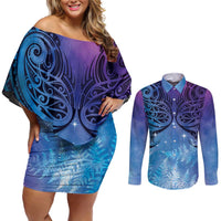 New Zealand Matariki Couples Matching Off Shoulder Short Dress and Long Sleeve Button Shirt Aotearoa Maori New Year Galaxy Maori Silver Fern LT14 Blue - Polynesian Pride