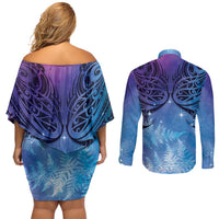 New Zealand Matariki Couples Matching Off Shoulder Short Dress and Long Sleeve Button Shirt Aotearoa Maori New Year Galaxy Maori Silver Fern LT14 - Polynesian Pride