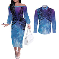 New Zealand Matariki Couples Matching Off The Shoulder Long Sleeve Dress and Long Sleeve Button Shirt Aotearoa Maori New Year Galaxy Maori Silver Fern LT14 Blue - Polynesian Pride