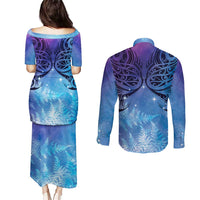 New Zealand Matariki Couples Matching Puletasi and Long Sleeve Button Shirt Aotearoa Maori New Year Galaxy Maori Silver Fern LT14 - Polynesian Pride