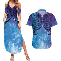 New Zealand Matariki Couples Matching Summer Maxi Dress and Hawaiian Shirt Aotearoa Maori New Year Galaxy Maori Silver Fern LT14 Blue - Polynesian Pride