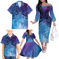 New Zealand Matariki Family Matching Off The Shoulder Long Sleeve Dress and Hawaiian Shirt Aotearoa Maori New Year Galaxy Maori Silver Fern LT14 - Polynesian Pride