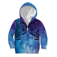New Zealand Matariki Kid Hoodie Aotearoa Maori New Year Galaxy Maori Silver Fern LT14 Zip Hoodie Blue - Polynesian Pride