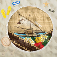 Personalised Bula Vinaka Fiji Drua Beach Blanket Fijian Traditional Canoe Tapa Cloth Beige