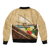 Personalised Bula Vinaka Fiji Drua Bomber Jacket Fijian Traditional Canoe Tapa Cloth Beige
