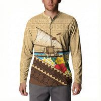 Personalised Bula Vinaka Fiji Drua Button Sweatshirt Fijian Traditional Canoe Tapa Cloth Beige