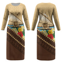 Personalised Bula Vinaka Fiji Drua Couples Matching Long Sleeve Bodycon Dress and Hawaiian Shirt Fijian Traditional Canoe Tapa Cloth Beige