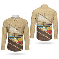Personalised Bula Vinaka Fiji Drua Couples Matching Long Sleeve Bodycon Dress and Long Sleeve Button Shirt Fijian Traditional Canoe Tapa Cloth Beige