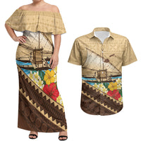 Personalised Bula Vinaka Fiji Drua Couples Matching Off Shoulder Maxi Dress and Hawaiian Shirt Fijian Traditional Canoe Tapa Cloth Beige
