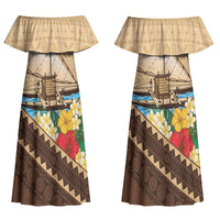 Personalised Bula Vinaka Fiji Drua Couples Matching Off Shoulder Maxi Dress and Hawaiian Shirt Fijian Traditional Canoe Tapa Cloth Beige