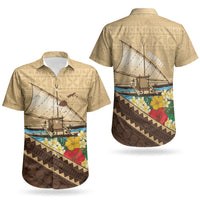 Personalised Bula Vinaka Fiji Drua Couples Matching Off Shoulder Short Dress and Hawaiian Shirt Fijian Traditional Canoe Tapa Cloth Beige