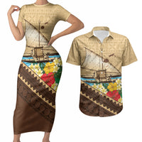 Personalised Bula Vinaka Fiji Drua Couples Matching Short Sleeve Bodycon Dress and Hawaiian Shirt Fijian Traditional Canoe Tapa Cloth Beige