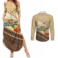 Personalised Bula Vinaka Fiji Drua Couples Matching Summer Maxi Dress and Long Sleeve Button Shirt Fijian Traditional Canoe Tapa Cloth Beige