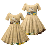 Personalised Bula Vinaka Fiji Drua Family Matching Off The Shoulder Long Sleeve Dress and Hawaiian Shirt Fijian Traditional Canoe Tapa Cloth Beige