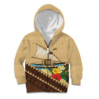 Personalised Bula Vinaka Fiji Drua Kid Hoodie Fijian Traditional Canoe Tapa Cloth Beige