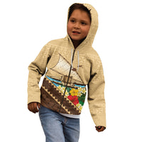 Personalised Bula Vinaka Fiji Drua Kid Hoodie Fijian Traditional Canoe Tapa Cloth Beige