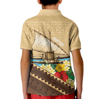 Personalised Bula Vinaka Fiji Drua Kid Polo Shirt Fijian Traditional Canoe Tapa Cloth Beige