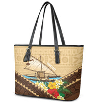 Personalised Bula Vinaka Fiji Drua Leather Tote Bag Fijian Traditional Canoe Tapa Cloth Beige