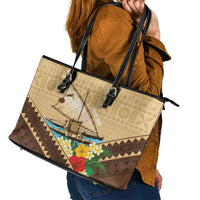 Personalised Bula Vinaka Fiji Drua Leather Tote Bag Fijian Traditional Canoe Tapa Cloth Beige