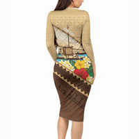 Personalised Bula Vinaka Fiji Drua Long Sleeve Bodycon Dress Fijian Traditional Canoe Tapa Cloth Beige