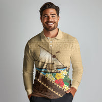 Personalised Bula Vinaka Fiji Drua Long Sleeve Polo Shirt Fijian Traditional Canoe Tapa Cloth Beige