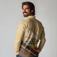 Personalised Bula Vinaka Fiji Drua Long Sleeve Polo Shirt Fijian Traditional Canoe Tapa Cloth Beige
