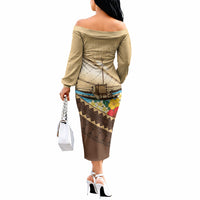 Personalised Bula Vinaka Fiji Drua Off The Shoulder Long Sleeve Dress Fijian Traditional Canoe Tapa Cloth Beige