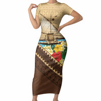 Personalised Bula Vinaka Fiji Drua Short Sleeve Bodycon Dress Fijian Traditional Canoe Tapa Cloth Beige