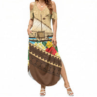 Personalised Bula Vinaka Fiji Drua Summer Maxi Dress Fijian Traditional Canoe Tapa Cloth Beige