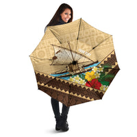 Personalised Bula Vinaka Fiji Drua Umbrella Fijian Traditional Canoe Tapa Cloth Beige LT14 - Polynesian Pride