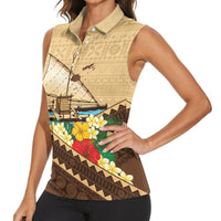 Personalised Bula Vinaka Fiji Drua Women Sleeveless Polo Shirt Fijian Traditional Canoe Tapa Cloth Beige
