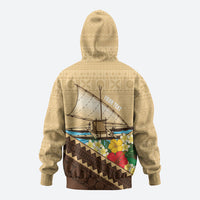 Personalised Bula Vinaka Fiji Drua Zip Hoodie Fijian Traditional Canoe Tapa Cloth Beige