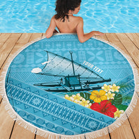 Personalised Bula Vinaka Fiji Drua Beach Blanket Fijian Traditional Canoe Tapa Cloth Blue