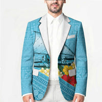 Personalised Bula Vinaka Fiji Drua Blazer Fijian Traditional Canoe Tapa Cloth Blue