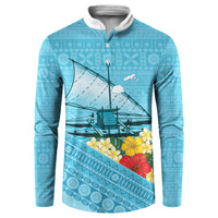 Personalised Bula Vinaka Fiji Drua Button Sweatshirt Fijian Traditional Canoe Tapa Cloth Blue