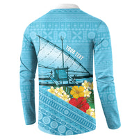 Personalised Bula Vinaka Fiji Drua Button Sweatshirt Fijian Traditional Canoe Tapa Cloth Blue