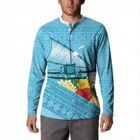Personalised Bula Vinaka Fiji Drua Button Sweatshirt Fijian Traditional Canoe Tapa Cloth Blue