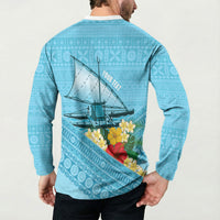 Personalised Bula Vinaka Fiji Drua Button Sweatshirt Fijian Traditional Canoe Tapa Cloth Blue