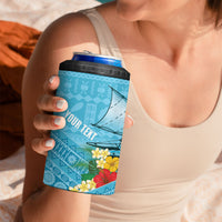 Personalised Bula Vinaka Fiji Drua 4 in 1 Can Cooler Tumbler Fijian Traditional Canoe Tapa Cloth Blue