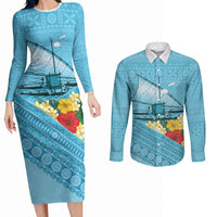 Personalised Bula Vinaka Fiji Drua Couples Matching Long Sleeve Bodycon Dress and Long Sleeve Button Shirt Fijian Traditional Canoe Tapa Cloth Blue LT14 Blue - Polynesian Pride